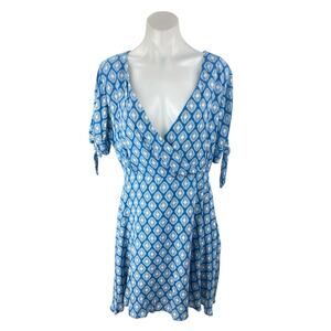 Blue Rair Blue Argyle Short Sleeve Tie Deep V Neck Faux Wrap A Line Mini Dress L